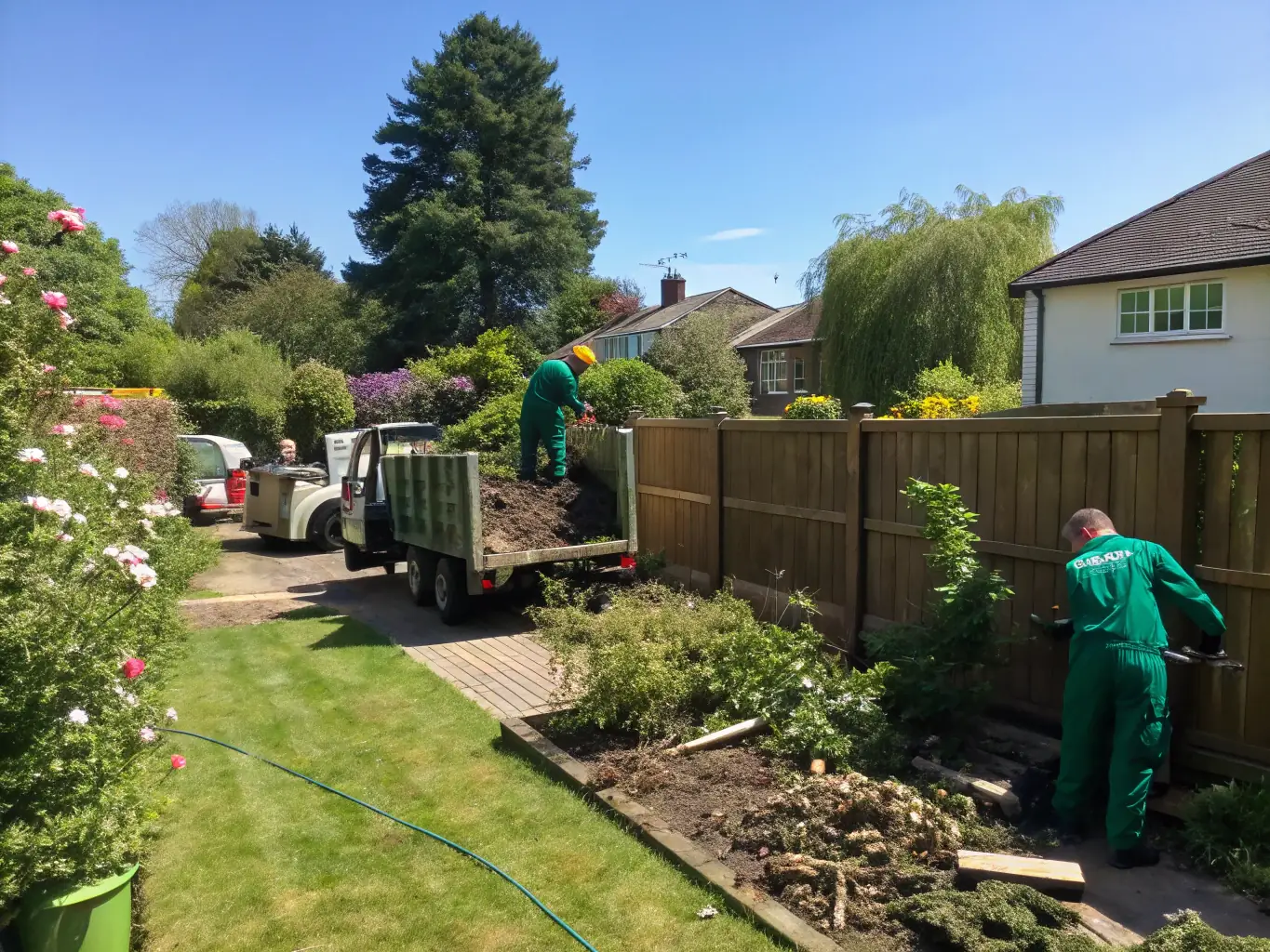 A crew trimming bushes and removing yard waste in a suburban backyard, demonstrating Todo Haul & Clean's yard and property cleanup service.